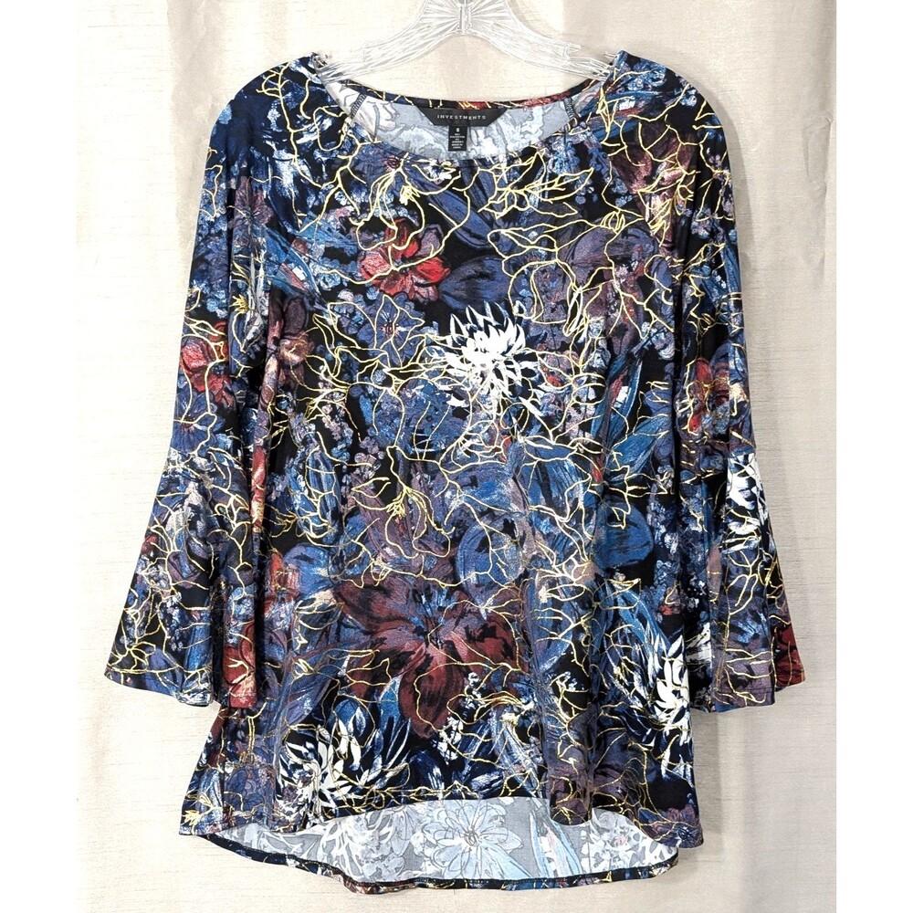 Women's Tunic Size SMALL Floral Gold Accented Bell Sleeve Knit Whimsygoth Blouse